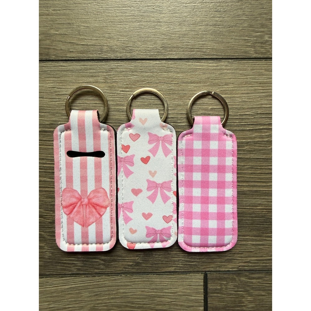 Set of 3 Pink Neoprene Chapstick Holder Keychains Bows Hearts Gingham Stripe - Picture 3 of 3